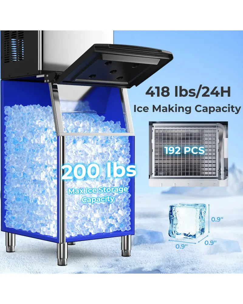 Commercial Ice Maker Machine 418 LBS/24H with 200 LBS Storage Bin-Silver - Silver - Ice Makers
