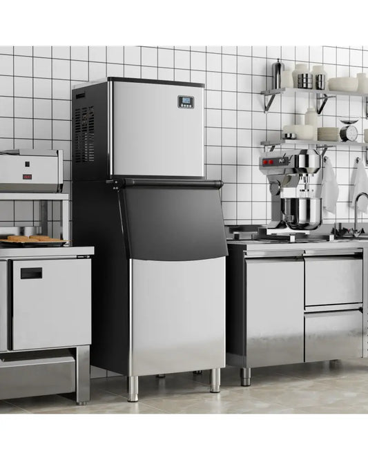 Commercial Ice Maker Machine 418 LBS/24H with 200 LBS Storage Bin-Silver - Silver - Ice Makers