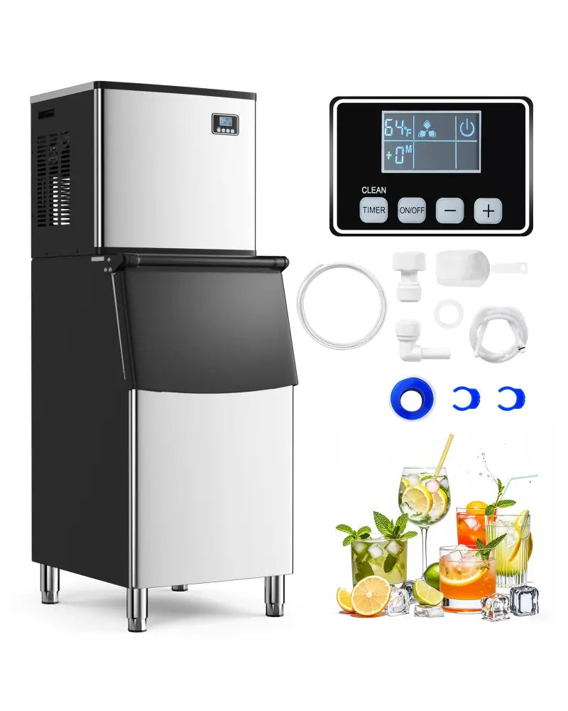 Commercial Ice Maker Machine 418 LBS/24H with 200 LBS Storage Bin-Silver - Silver - Ice Makers