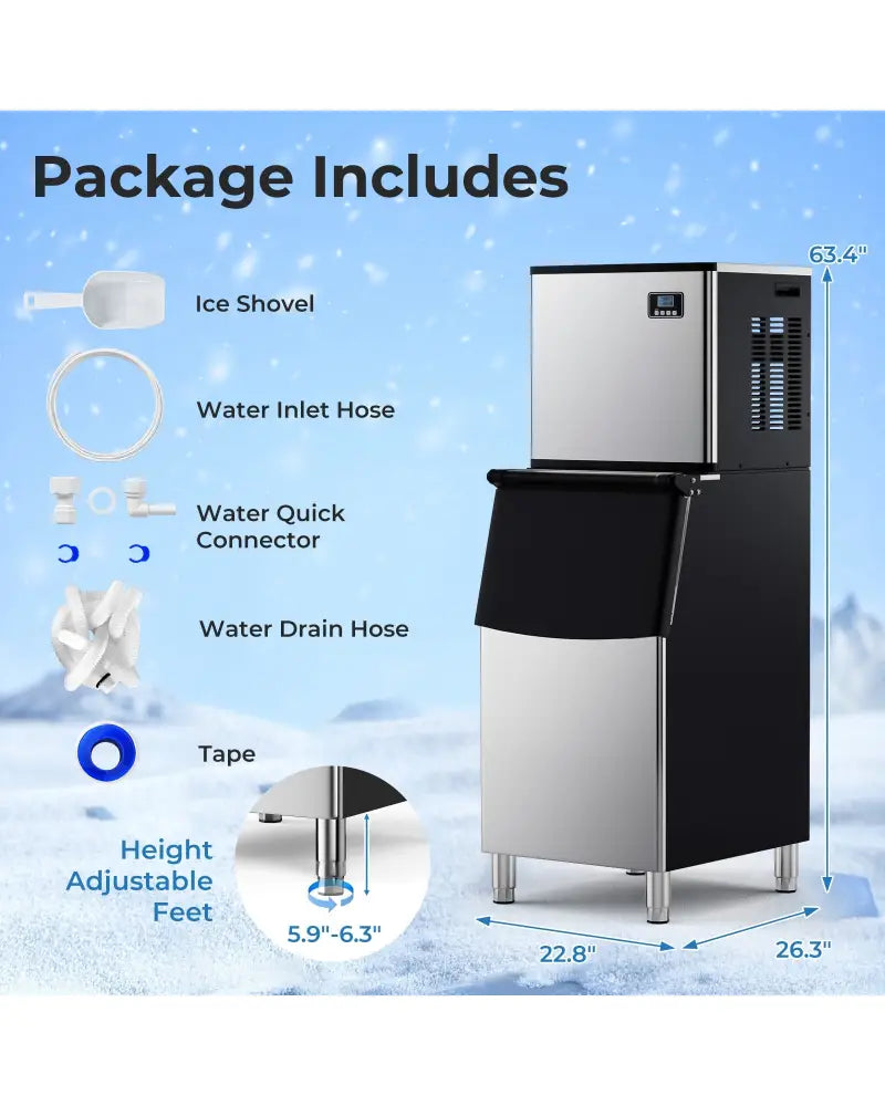 Commercial Ice Maker Machine 418 LBS/24H with 200 LBS Storage Bin-Silver - Silver - Ice Makers