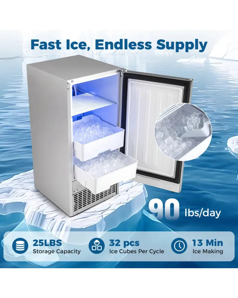 Commercial Under Counter Ice Maker 90 lbs/Day 15 Inch W Built-in - Silver - Ice Makers