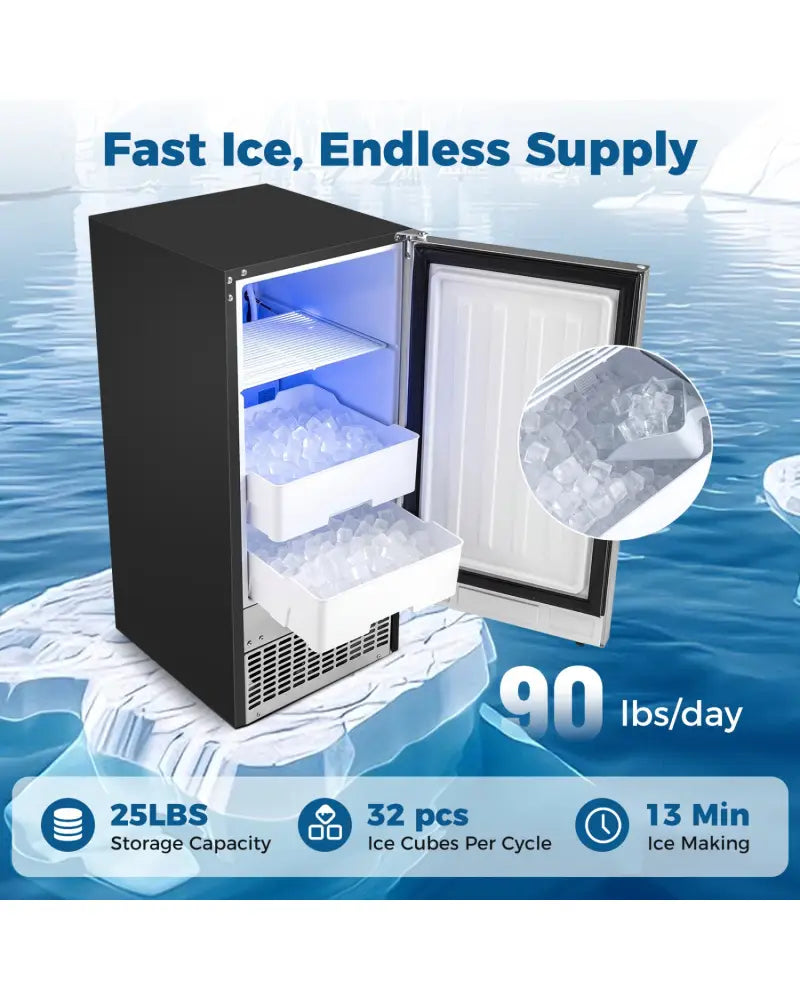 Commercial Under Counter Ice Maker 90 lbs/Day Built-in Freestanding Ice Making Machine - Silver - Ice Makers
