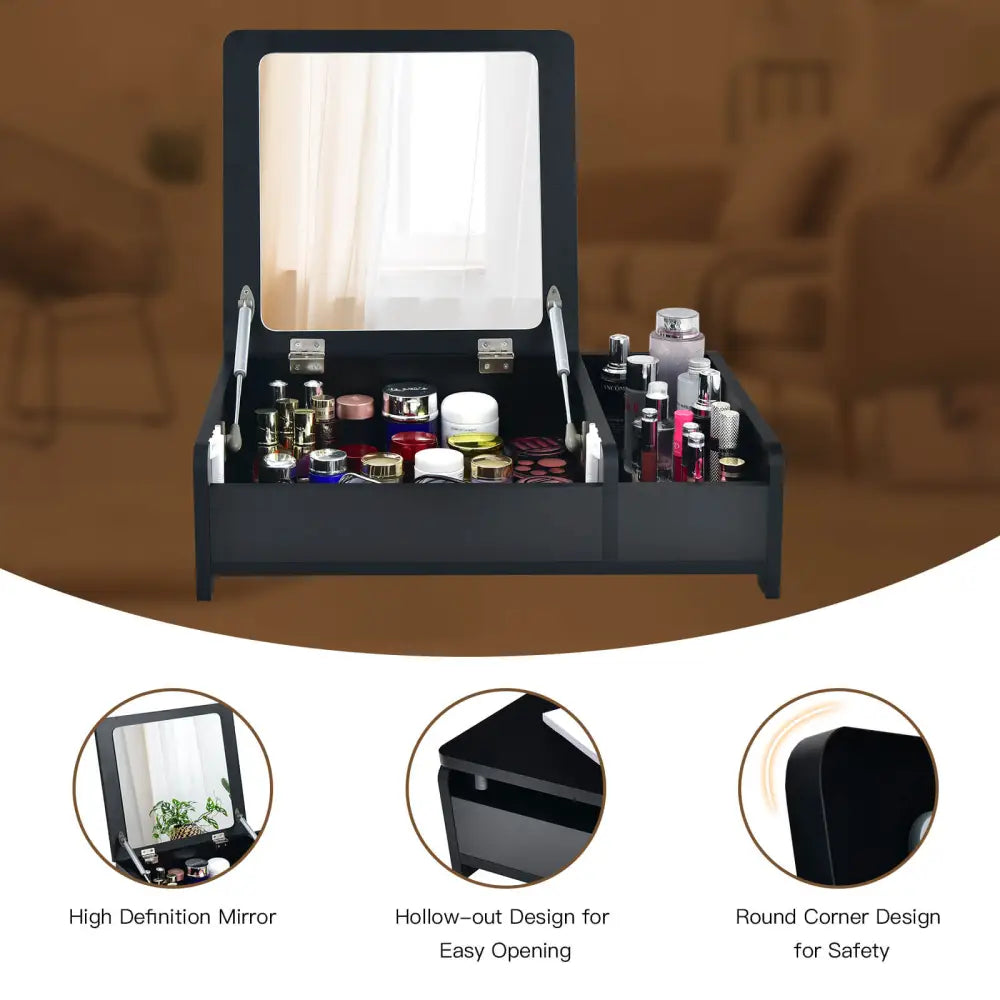 Compact Bay Window Makeup Dressing Table with Flip-Top Mirror-Black - Black - Makeup Vanities
