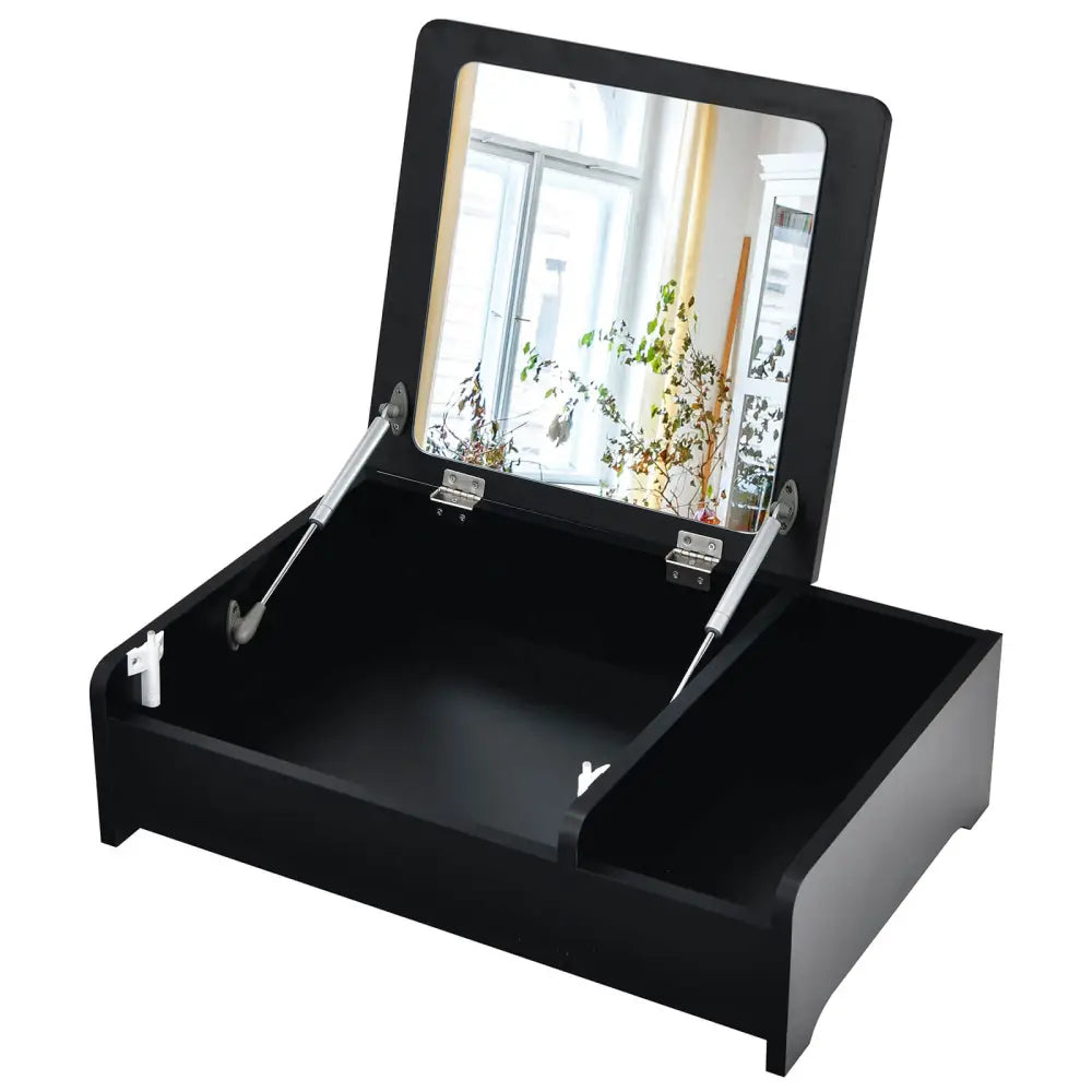 Compact Bay Window Makeup Dressing Table with Flip-Top Mirror-Black - Black - Makeup Vanities