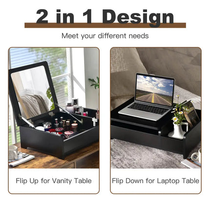 Compact Bay Window Makeup Dressing Table with Flip-Top Mirror-Black - Black - Makeup Vanities
