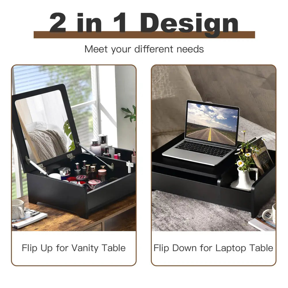 Compact Bay Window Makeup Dressing Table with Flip-Top Mirror-Black - Black - Makeup Vanities