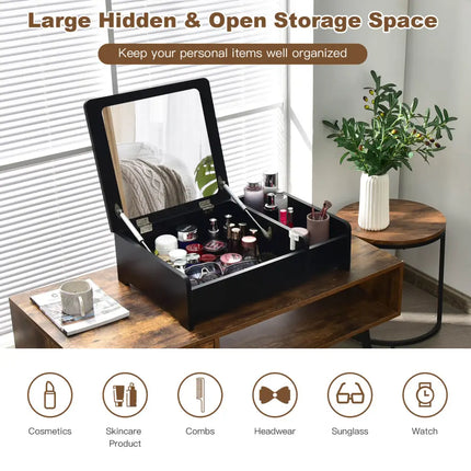 Compact Bay Window Makeup Dressing Table with Flip-Top Mirror-Black - Black - Makeup Vanities