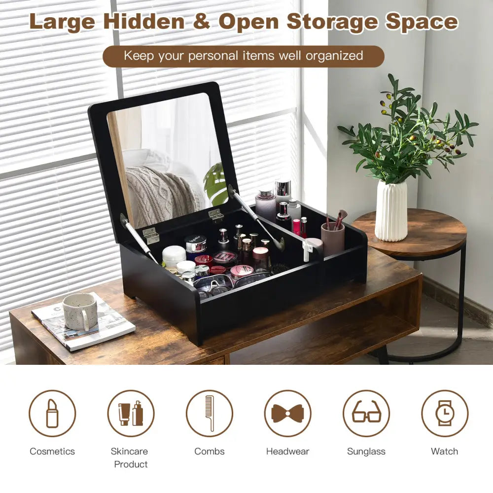 Compact Bay Window Makeup Dressing Table with Flip-Top Mirror-Black - Black - Makeup Vanities