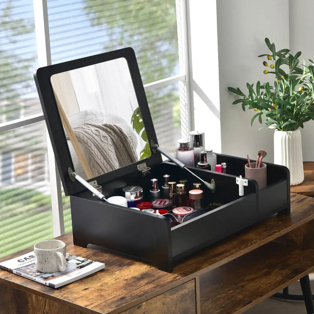 Compact Bay Window Makeup Dressing Table with Flip-Top Mirror-Black - Black - Makeup Vanities