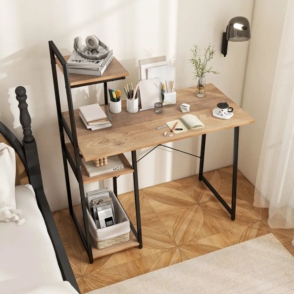 Compact Computer Desk Workstation with 4 Tier Shelves for Home and Office-Natural - Natural - Writing Desks