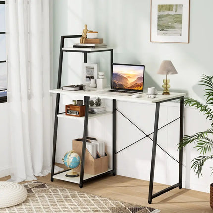 Compact Computer Desk Workstation with 4 Tier Shelves for Home and Office-White - White - Writing Desks