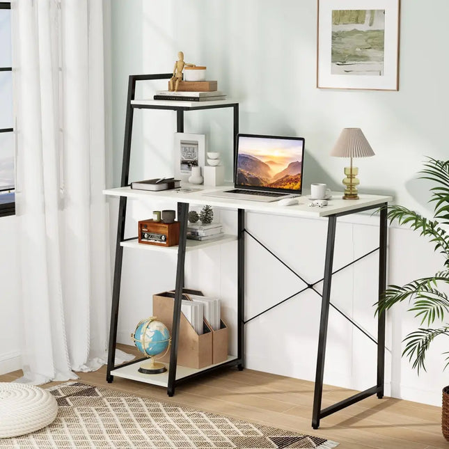 Compact Computer Desk Workstation with 4 Tier Shelves for Home and Office-White - White - Writing Desks