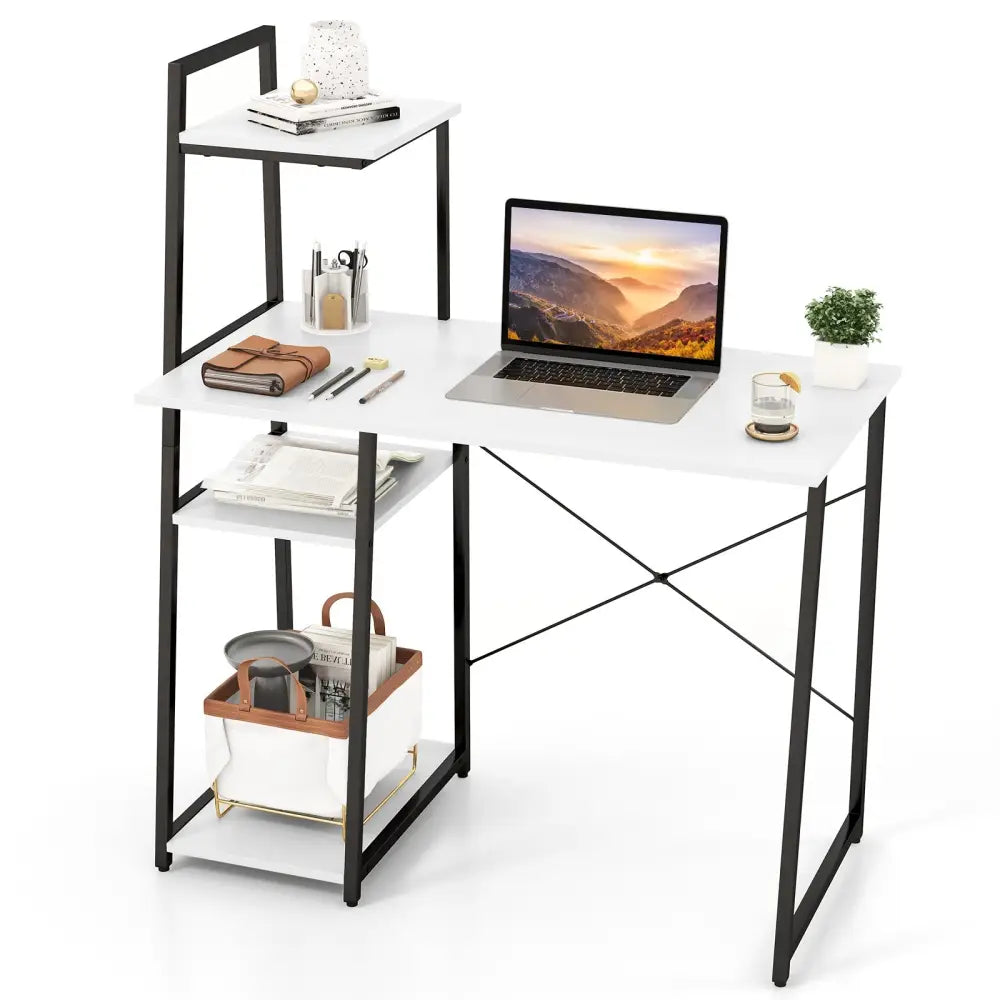 Compact Computer Desk Workstation with 4 Tier Shelves for Home and Office-White - White - Writing Desks