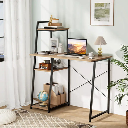 Compact Computer Desk Workstation with 4 Tier Shelves for Home and Office-Natural - Natural - Writing Desks