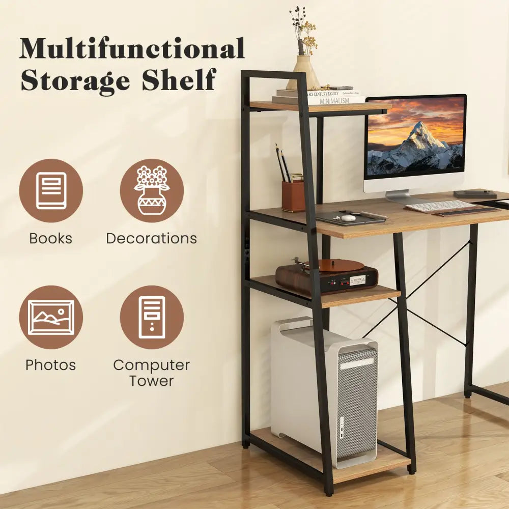 Compact Computer Desk Workstation with 4 Tier Shelves for Home and Office-Natural - Natural - Writing Desks