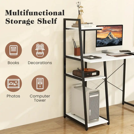 Compact Computer Desk Workstation with 4 Tier Shelves for Home and Office-White - White - Writing Desks
