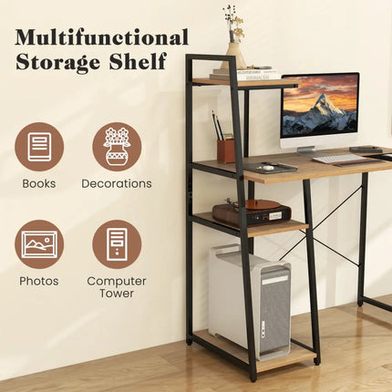 Compact Computer Desk Workstation with 4 Tier Shelves for Home and Office-Natural - Natural - Writing Desks