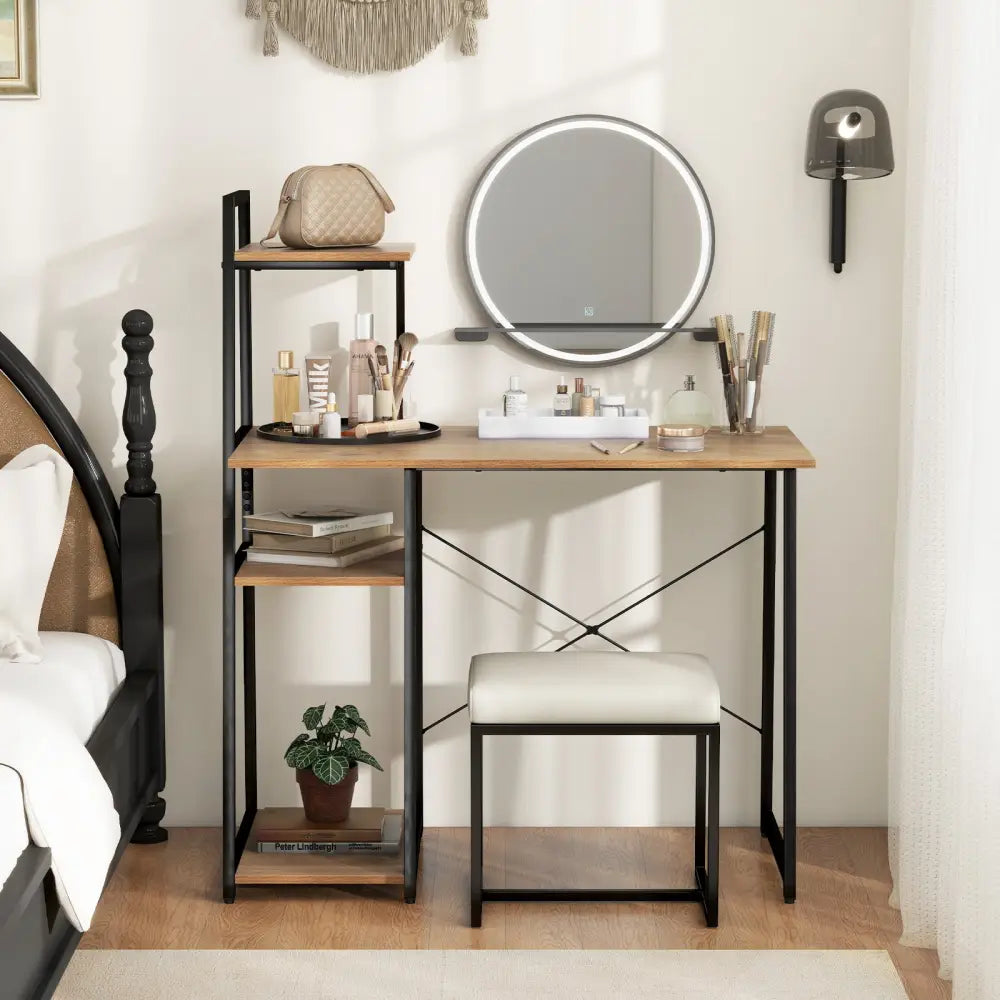 Compact Computer Desk Workstation with 4 Tier Shelves for Home and Office-Natural - Natural - Writing Desks