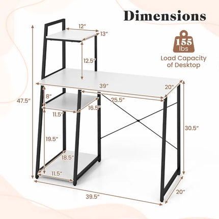 Compact Computer Desk Workstation with 4 Tier Shelves for Home and Office-White - White - Writing Desks