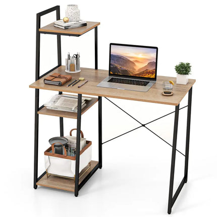 Compact Computer Desk Workstation with 4 Tier Shelves for Home and Office-Natural - Natural - Writing Desks