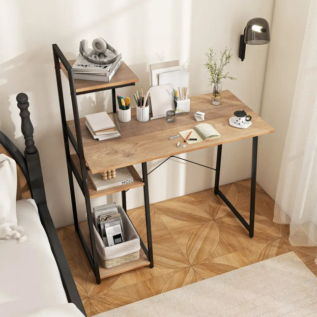 Compact Computer Desk Workstation with 4 Tier Shelves for Home and Office-Natural - Natural - Writing Desks