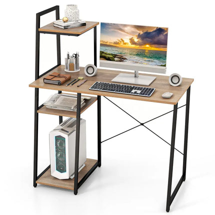 Compact Computer Desk Workstation with 4 Tier Shelves for Home and Office-Natural - Natural - Writing Desks