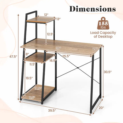 Compact Computer Desk Workstation with 4 Tier Shelves for Home and Office-Natural - Natural - Writing Desks