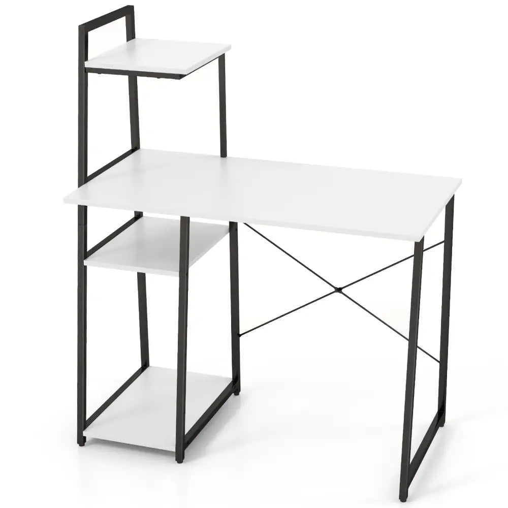 Compact Computer Desk Workstation with 4 Tier Shelves for Home and Office-White - White - Writing Desks
