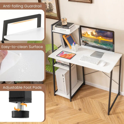 Compact Computer Desk Workstation with 4 Tier Shelves for Home and Office-White - White - Writing Desks