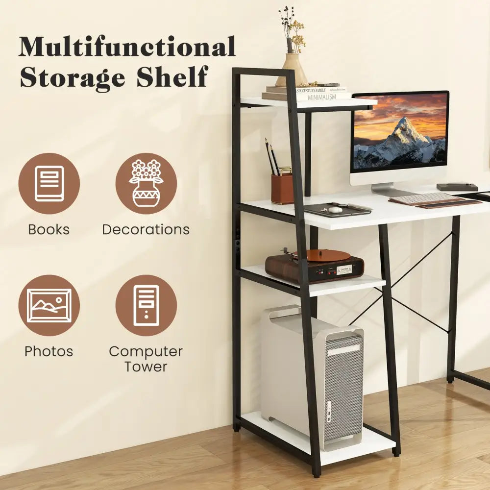 Compact Computer Desk Workstation with 4 Tier Shelves for Home and Office-White - White - Writing Desks