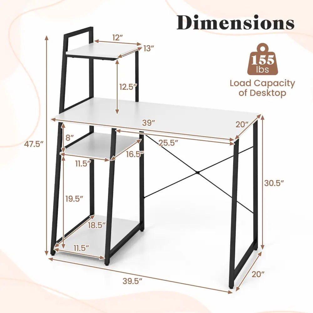 Compact Computer Desk Workstation with 4 Tier Shelves for Home and Office-White - White - Writing Desks