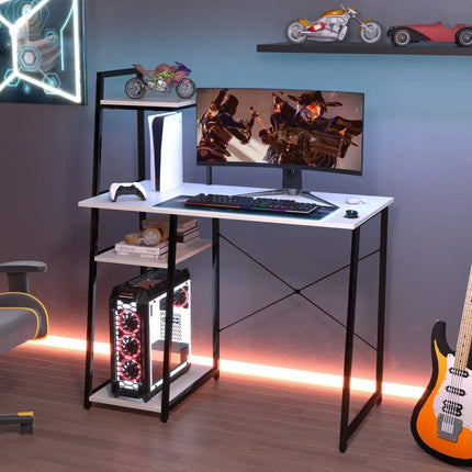 Compact Computer Desk Workstation with 4 Tier Shelves for Home and Office-White - White - Writing Desks