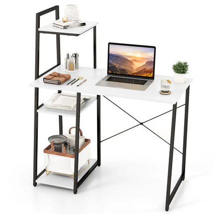 Compact Computer Desk Workstation with 4 Tier Shelves for Home and Office-White - White - Writing Desks
