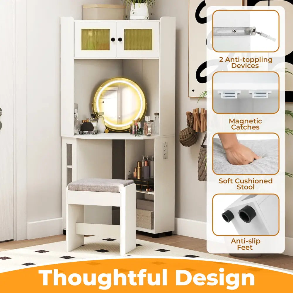 Compact Dressing Corner Vanity Desk with Mirror and Lights-White - White - Makeup Vanities