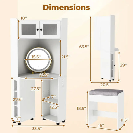 Compact Dressing Corner Vanity Desk with Mirror and Lights-White - White - Makeup Vanities