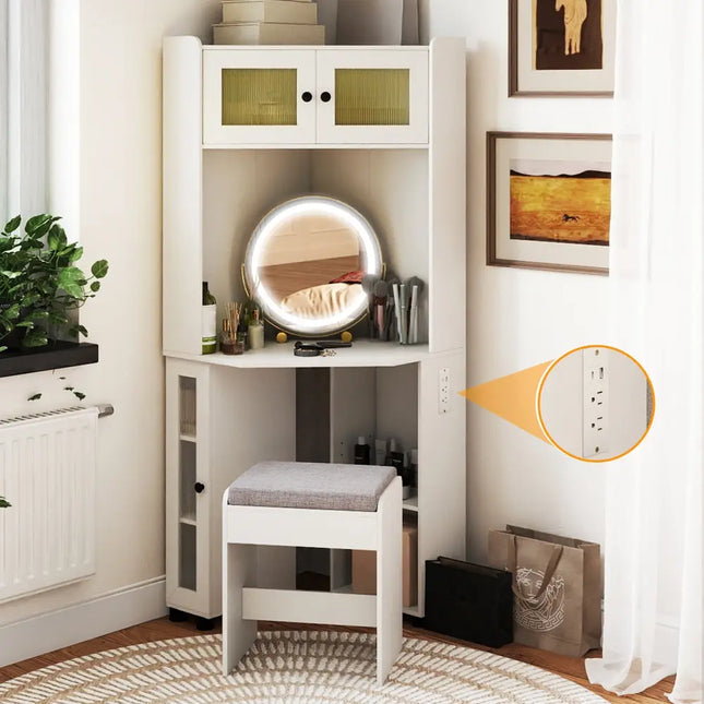 Compact Dressing Corner Vanity Desk with Mirror and Lights-White - White - Makeup Vanities