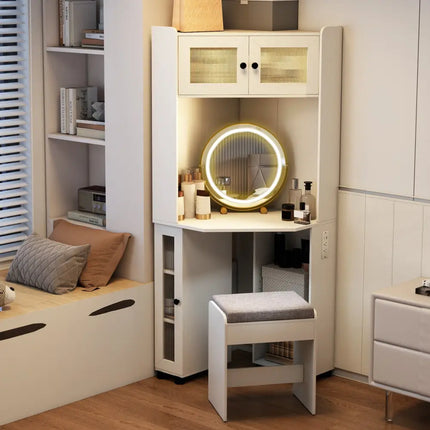 Compact Dressing Corner Vanity Desk with Mirror and Lights-White - White - Makeup Vanities