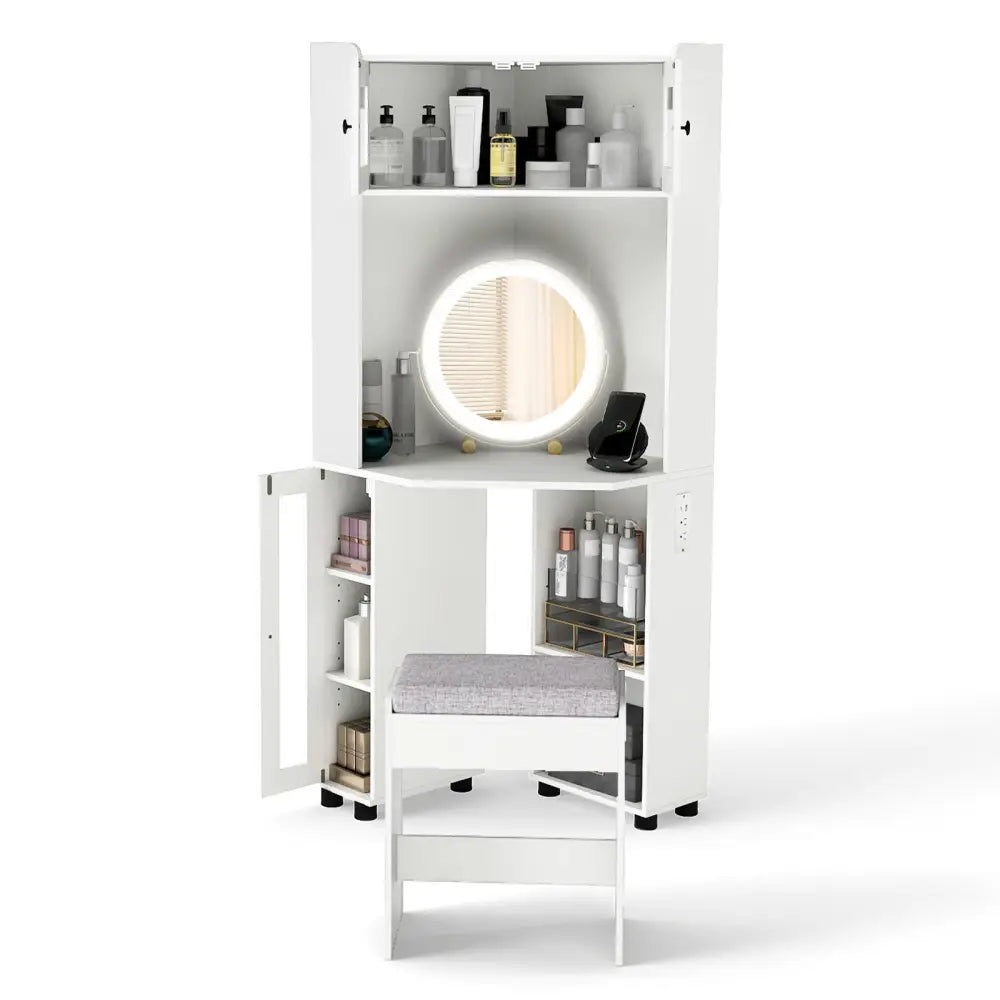 Compact Dressing Corner Vanity Desk with Mirror and Lights-White - White - Makeup Vanities