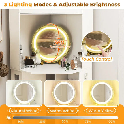 Compact Dressing Corner Vanity Desk with Mirror and Lights-White - White - Makeup Vanities