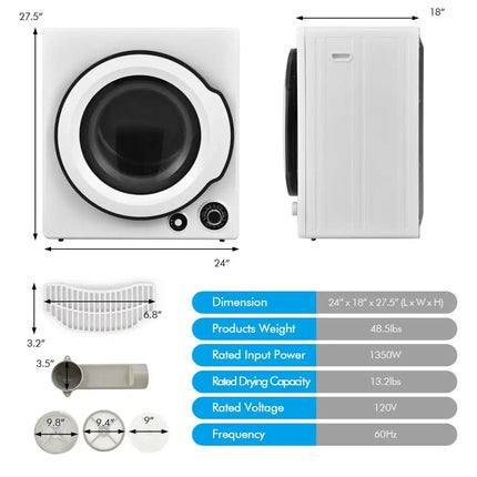 Compact Electric Tumble Laundry Dryer with Stainless Steel Tub-White Costway