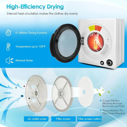 Compact Electric Tumble Laundry Dryer with Stainless Steel Tub-White Costway