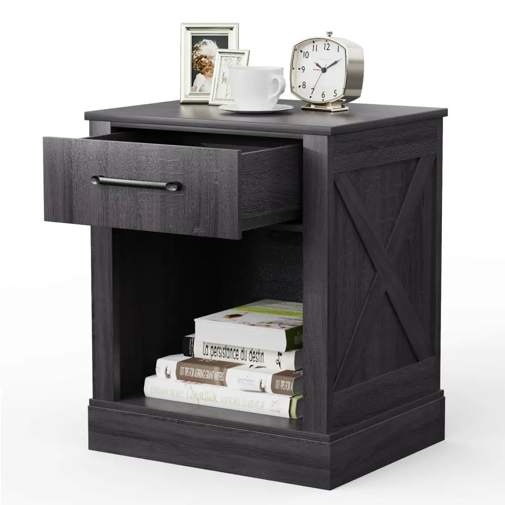 Compact Nightstand with Drawer and Shelf-Black - Black - Nightstands