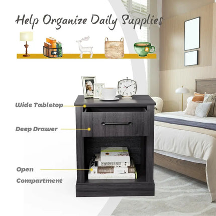 Compact Nightstand with Drawer and Shelf-Black - Black - Nightstands