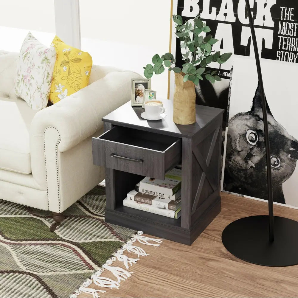 Compact Nightstand with Drawer and Shelf-Black - Black - Nightstands
