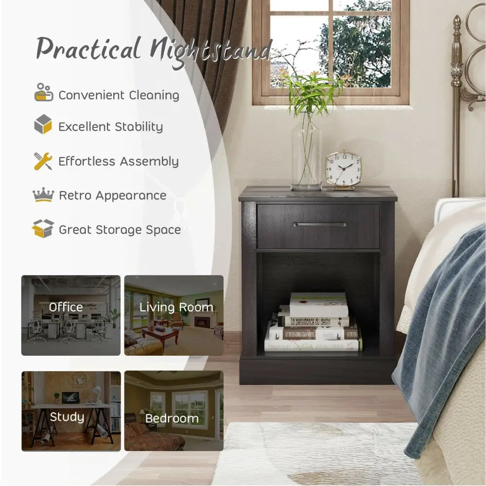 Compact Nightstand with Drawer and Shelf-Black - Black - Nightstands