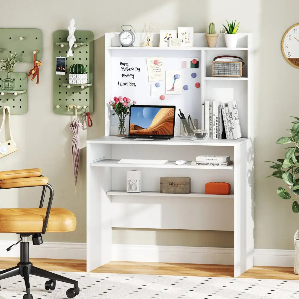 Compact Office Computer Desk with Hutch Magnetic Whiteboard-White - White - Computer Desks
