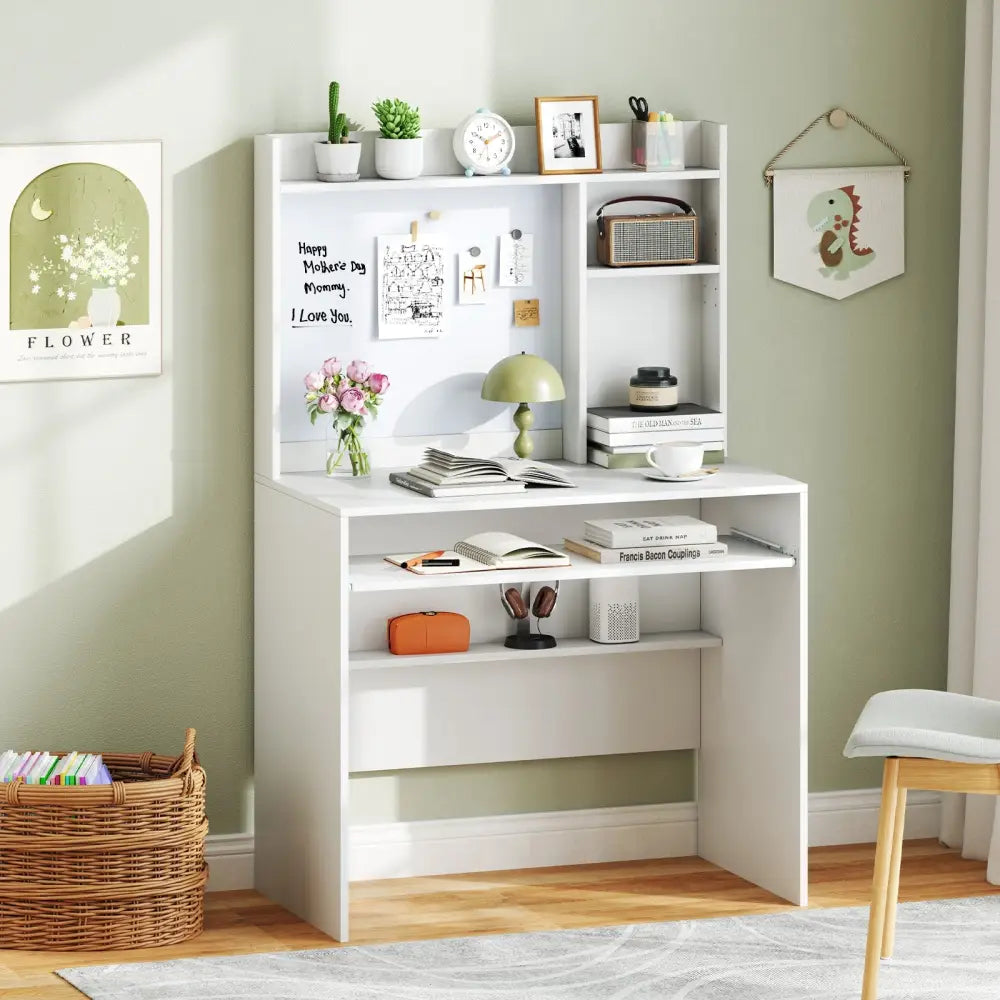 Compact Office Computer Desk with Hutch Magnetic Whiteboard-White - White - Computer Desks