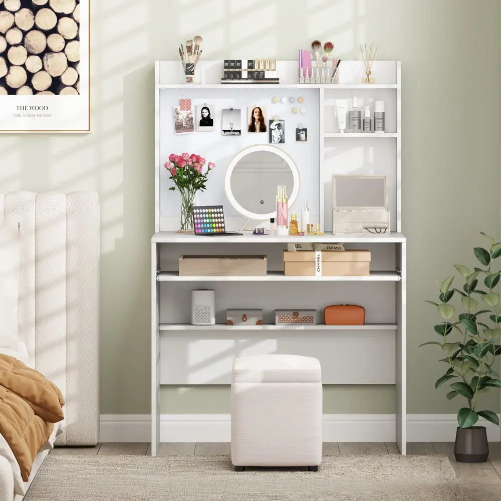 Compact Office Computer Desk with Hutch Magnetic Whiteboard-White - White - Computer Desks