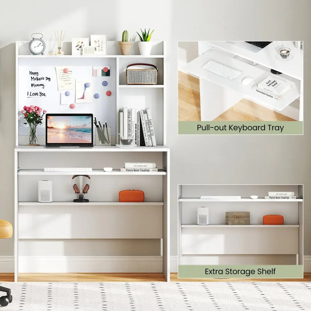 Compact Office Computer Desk with Hutch Magnetic Whiteboard-White - White - Computer Desks