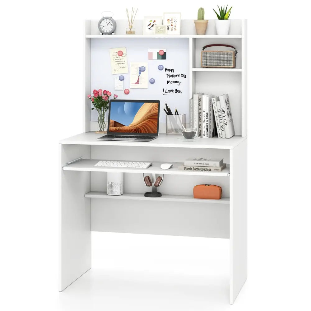 Compact Office Computer Desk with Hutch Magnetic Whiteboard-White - White - Computer Desks